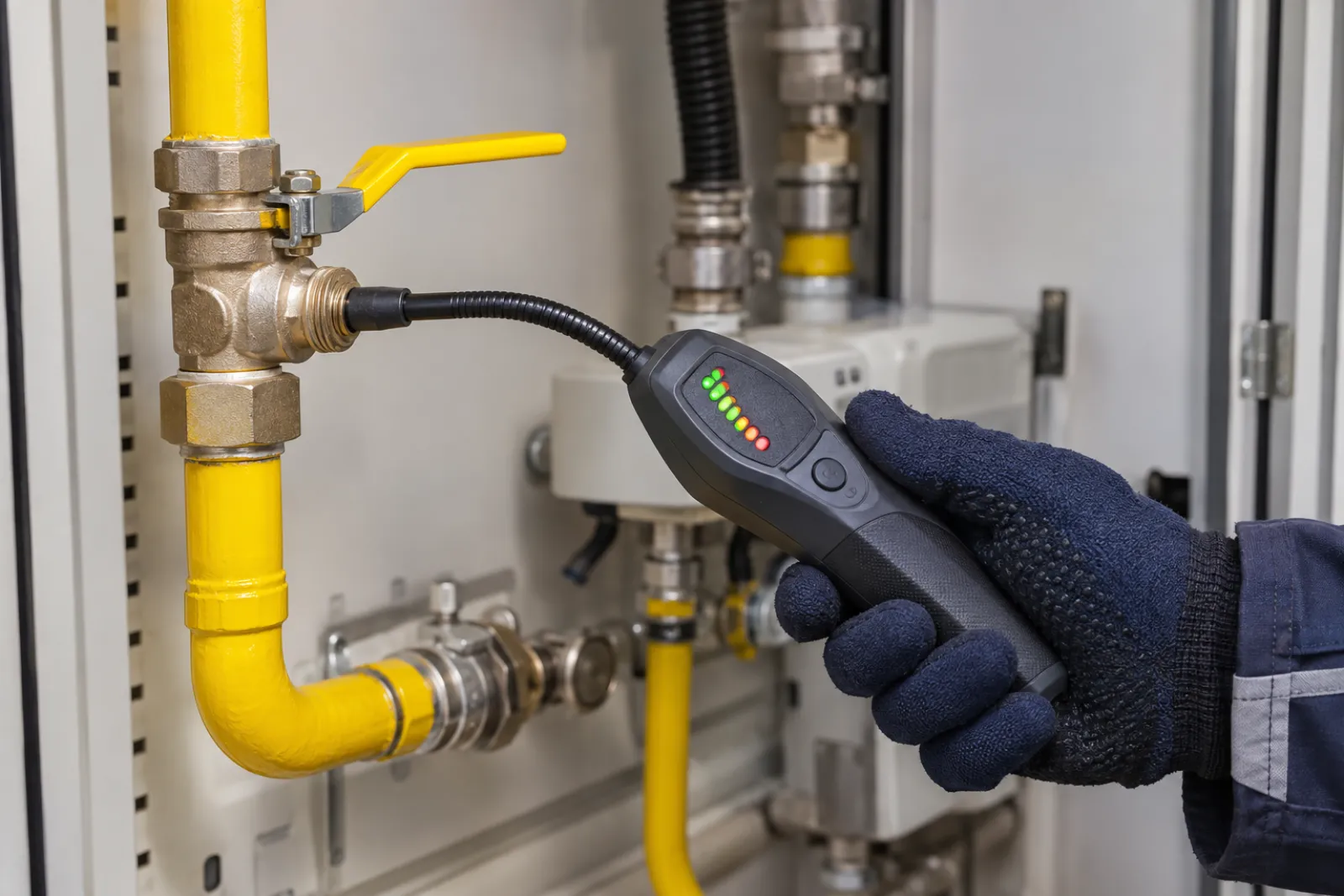 Teknisyen elektronik dedektörle doğalgaz tesisat bağlantısını kontrol ediyor