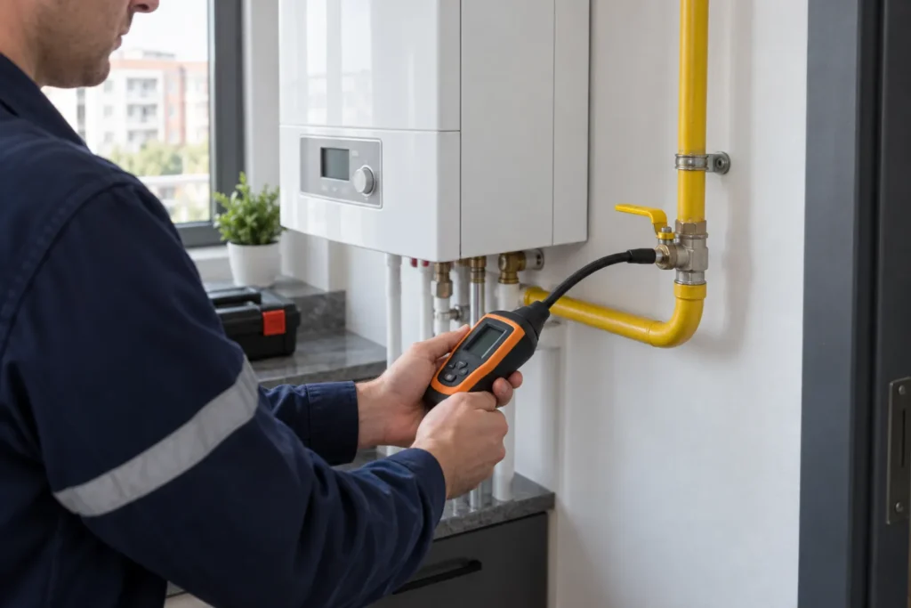 Teknisyen elektronik dedektörle kombi gaz bağlantısını kontrol ediyor