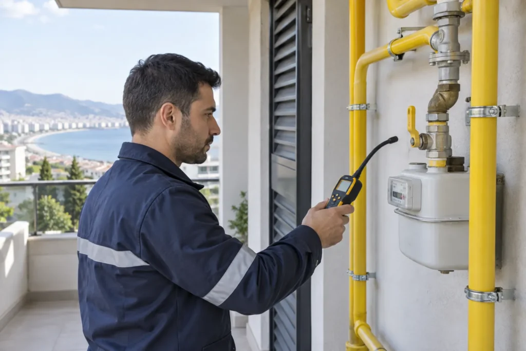 Teknisyen bina doğalgaz sayacı ve boru bağlantılarını elektronik cihazla kontrol ediyor