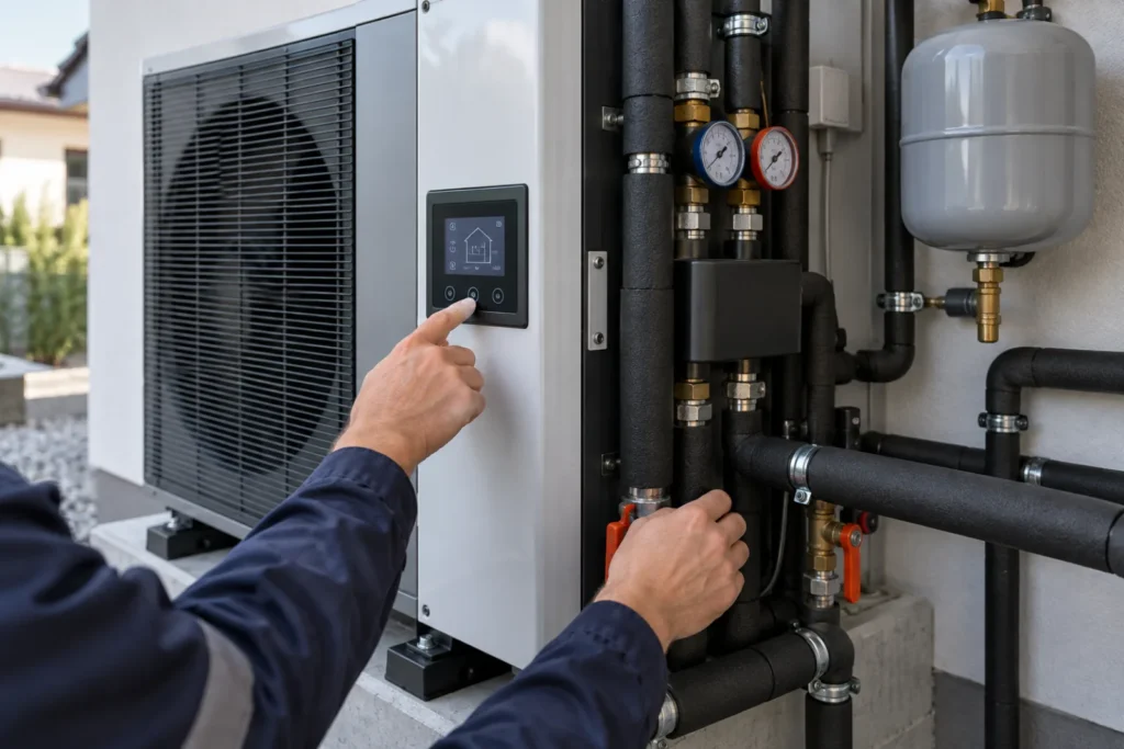 Isı pompası hidrolik bağlantıları ve kontrol paneli üzerinde teknik kontrol